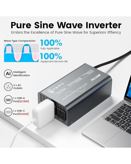 BESTEK 400W Pure Sine Wave Power Inverter DC 12V to AC 110V with PD30W USB-C QC 18W